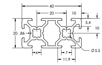 TSLOTS 20-2040 20mm x 40mm 6mm tslot Aluminum Framing Profile TSLOTS 20-2040 20mm x 40mm 6mm tslot Aluminum Framing Profile